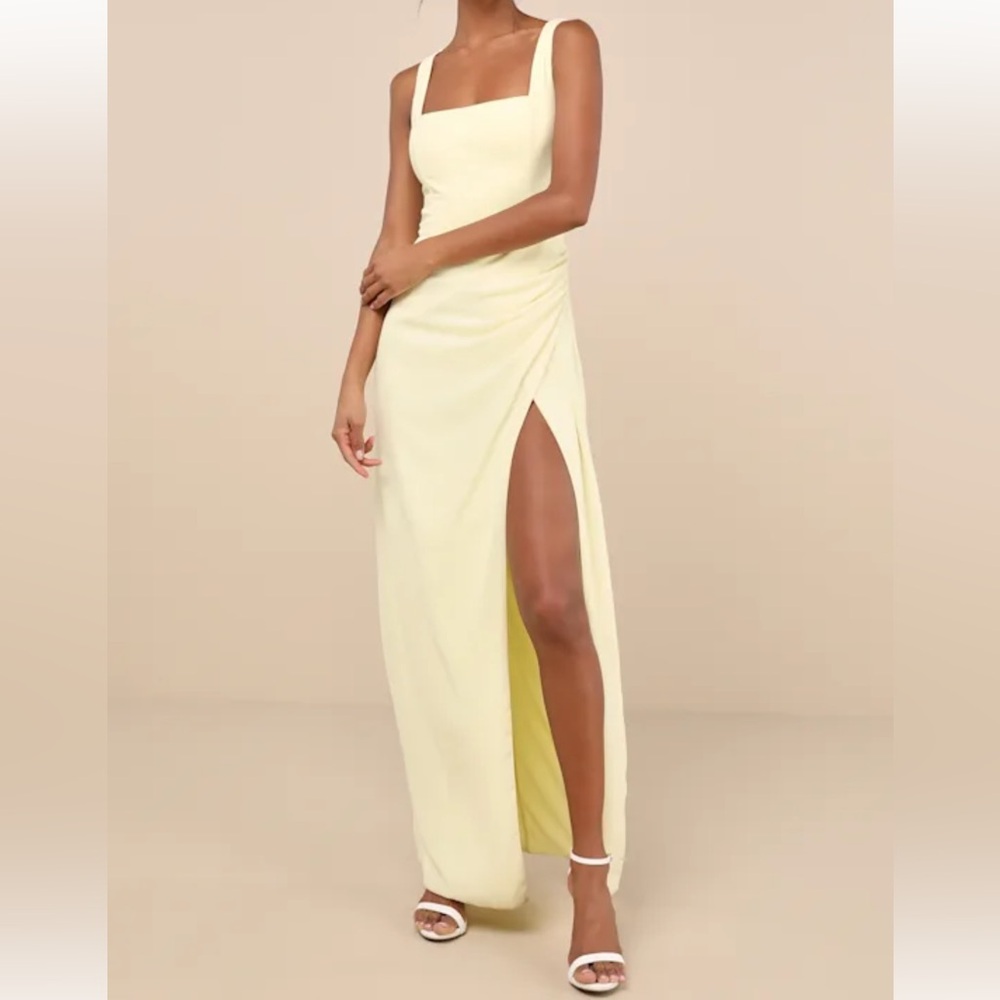 Lulus Glamorous Disposition Light Yellow Ruched Maxi Dress Size Small NWOT